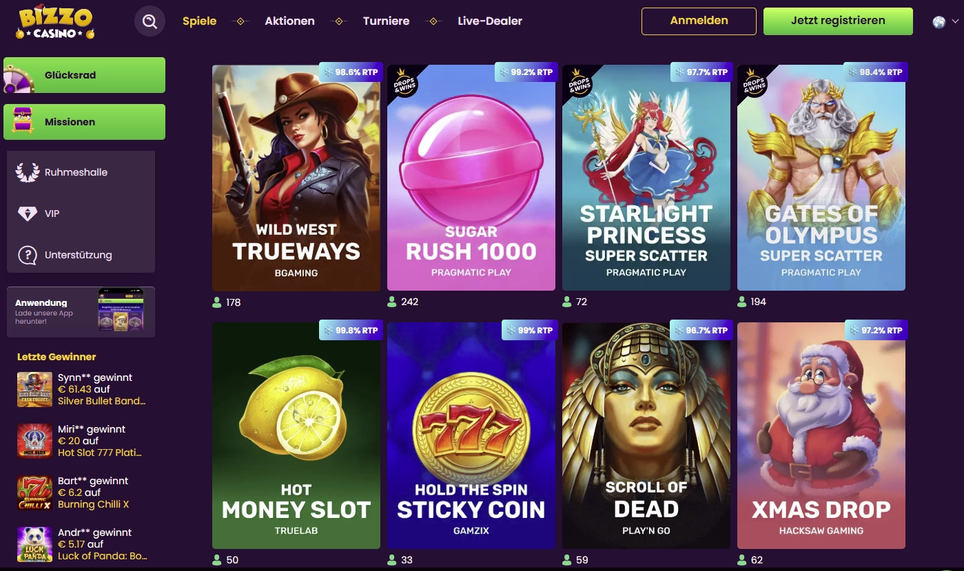 Spielauswahl Bizzo Casino