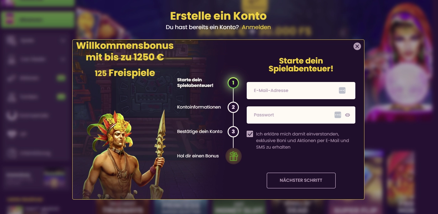 Registrierungsansicht Bizzo Casino